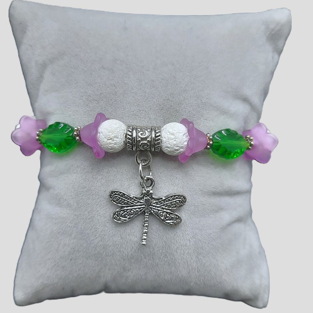 Artisan Floral Beaded Bracelet Tibetan Silver Dragonfly Charm Diffuser Feminine